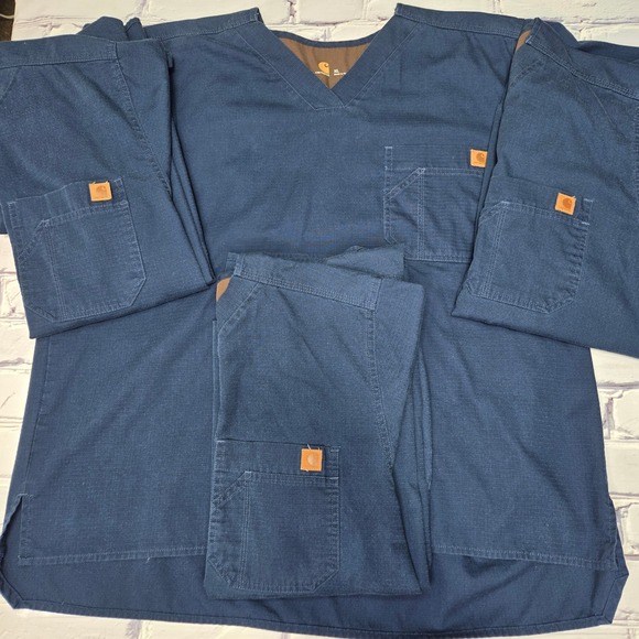 Carhartt Navy Blue‎ Scrub Tops VNeck Chest Pocket Leather Ptach Mens XL Lot Of 4